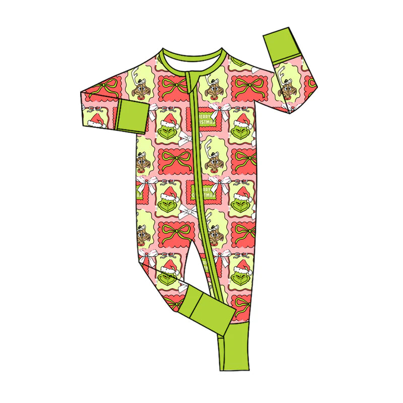 8.11Preorder(moq 5)Baby Infant Boys Green Face Bows Plaid Christmas Zipper Rompers