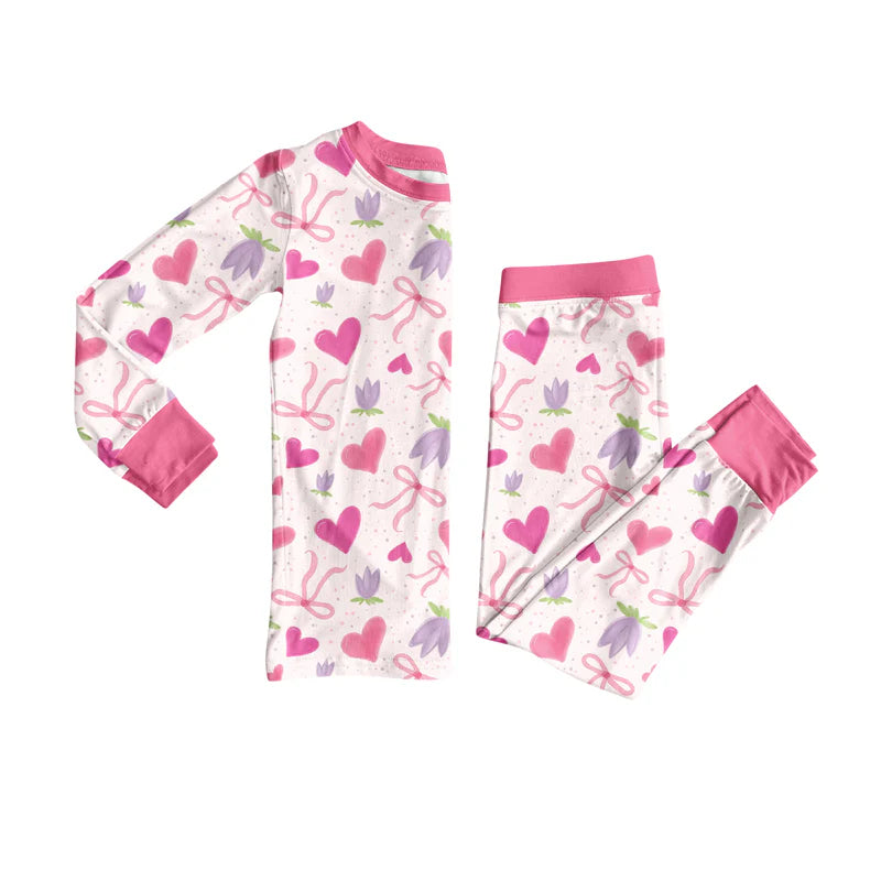 7.21Preorder (moq 5)Baby Girls Long Sleeves Pink Hearts Bows Flowers Top Pants Pajamas Set