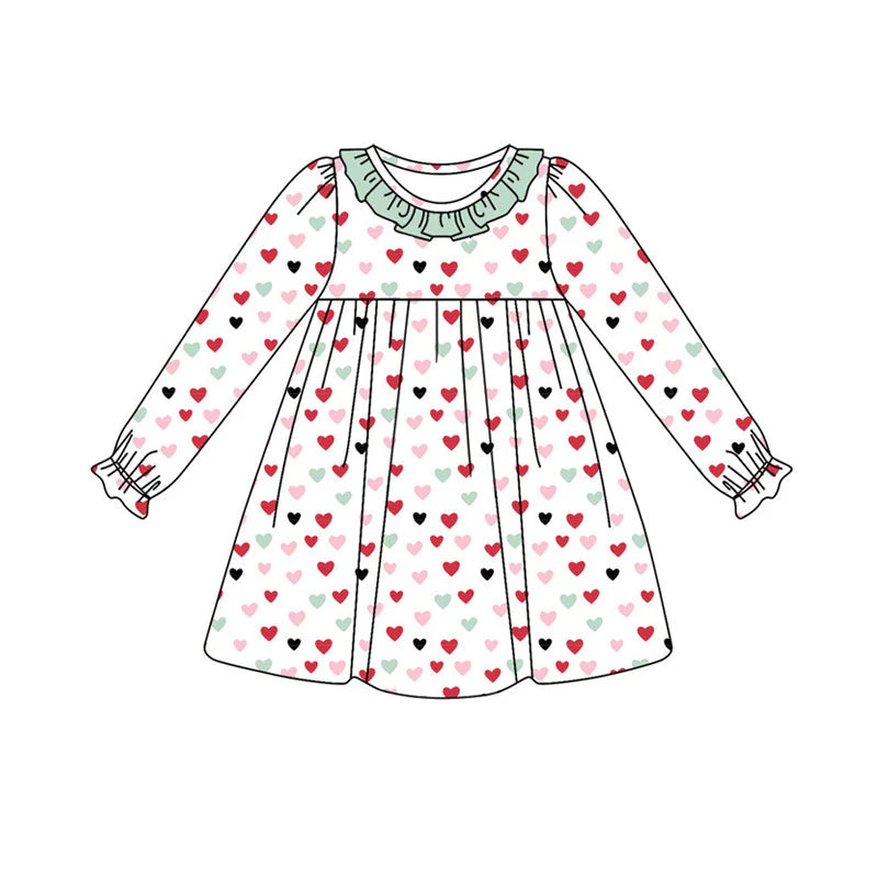 X922Preorder (moq 5)Baby Girls Long Ruffle Sleeve Colorful Hearts Valentine Knee Length Dresses
