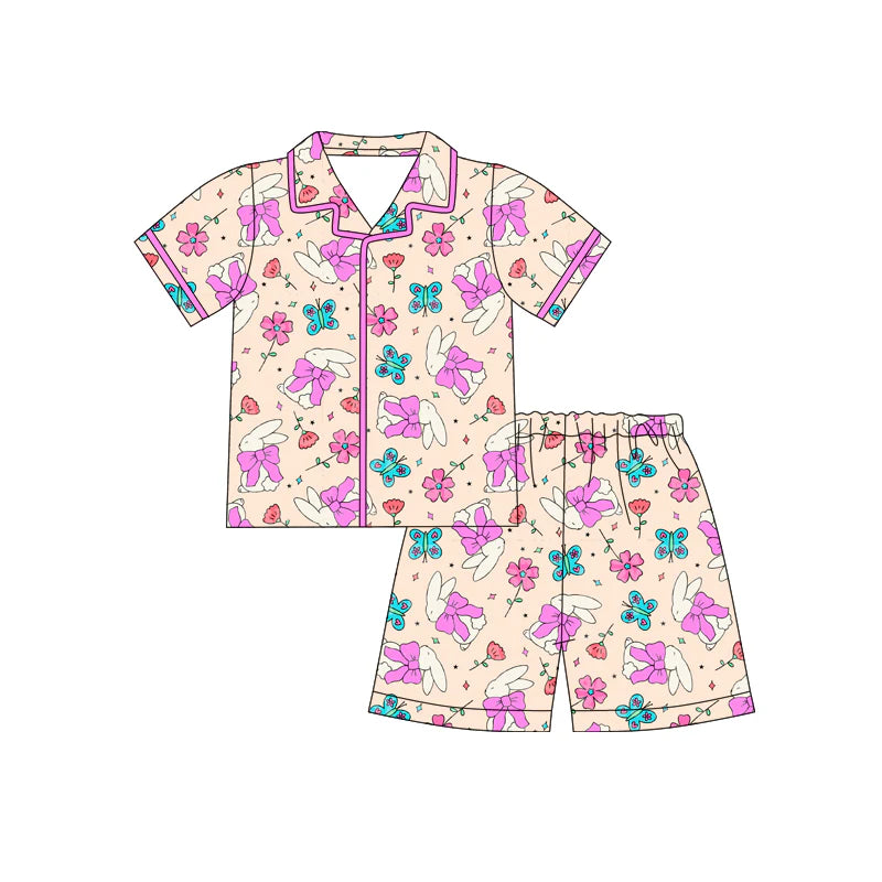 X12.17 Preorder (moq 5)Baby Girls Bows Rabbits Flowers Button Top Shorts Easter Pajamas Sets