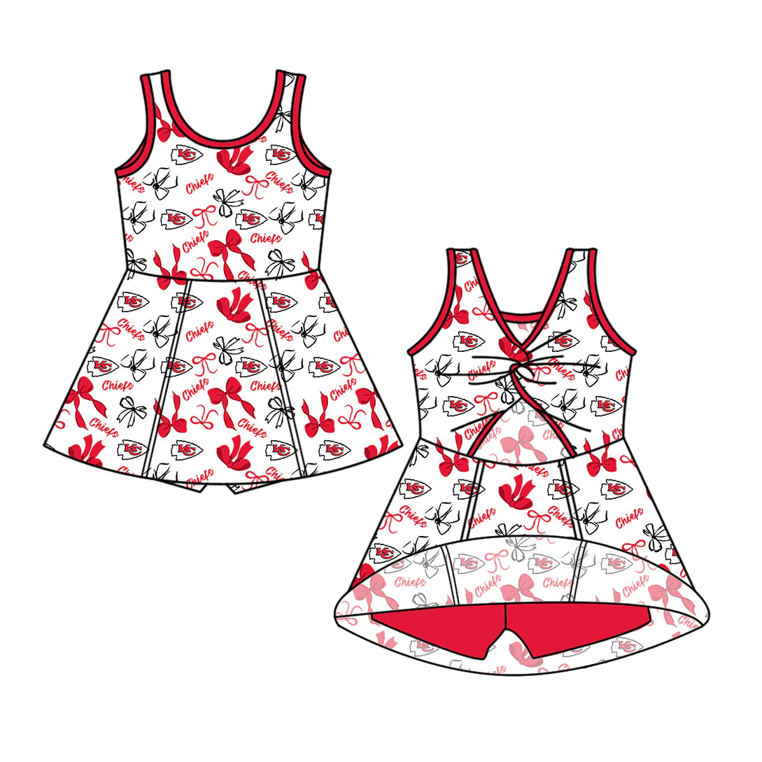 6.30Preorder (moq 5)Baby Girls Red Sleeveless Bows Plaid KC Shorts Team Knee Length Dresses