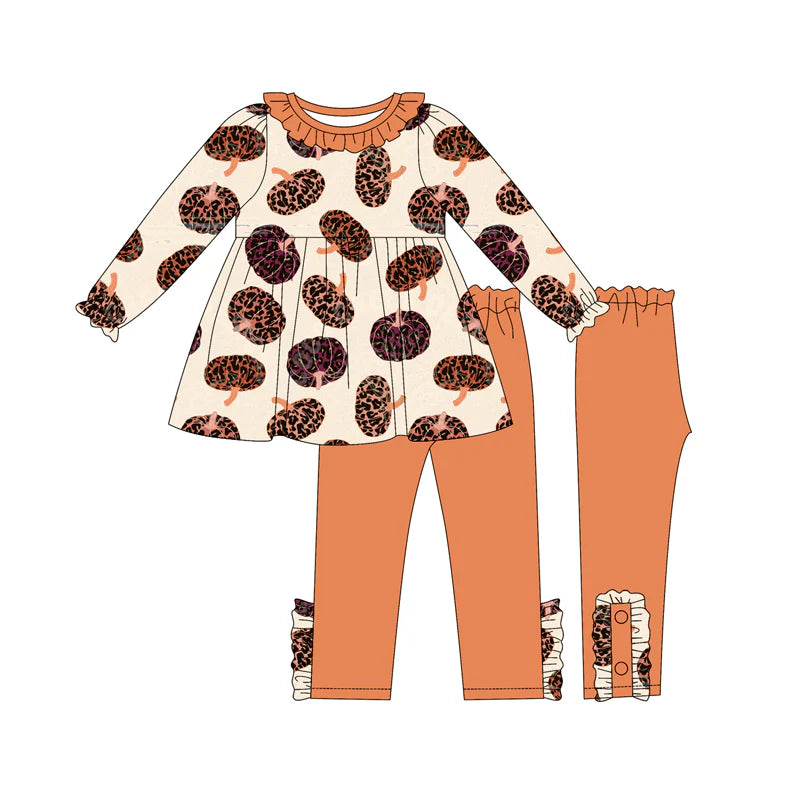 X917Preorder (moq 5)Baby Girls Long Ruffle Sleeves Leopard Pumpkins Plaid Tunic Legging Pants Set