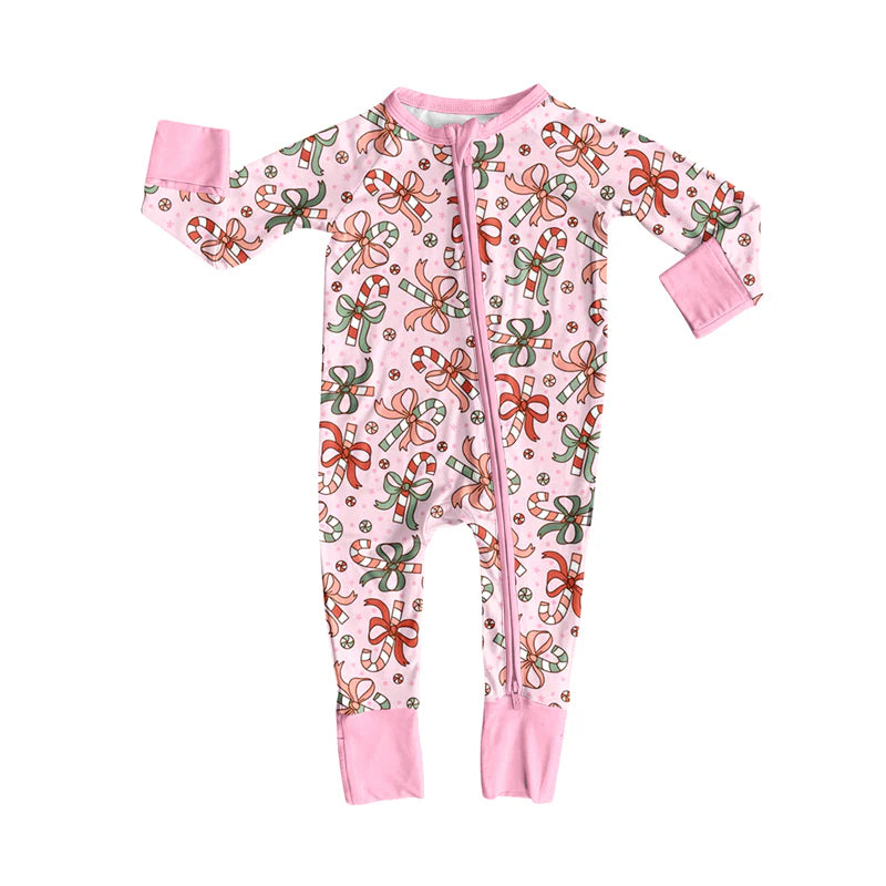 7.15Preorder (moq 5)Baby Girls Pink Long Sleeves Bows Candy Cane Plaid Zipper Romper