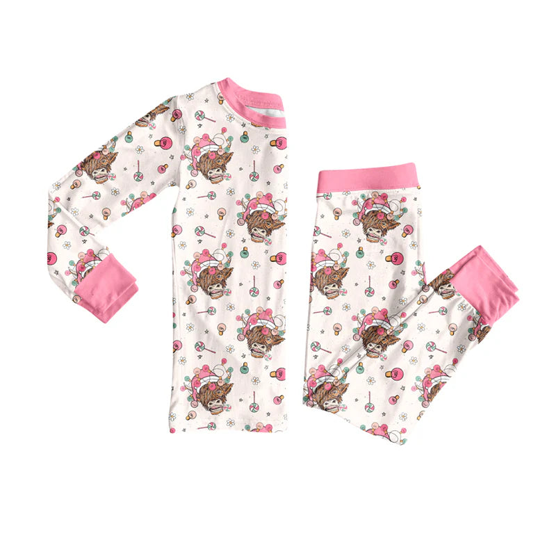 7.16Preorder (moq 5)Baby Girls Long Sleeves Lights Highland Cows Top Pant Pajamas Set