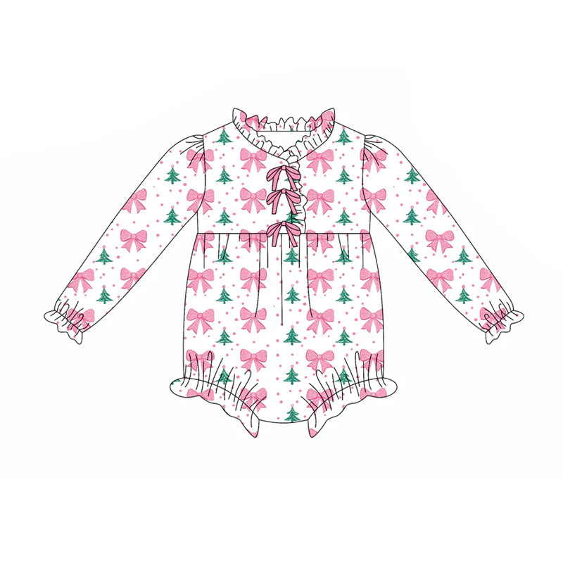 8.6Preorder(moq 5)Baby Infant Girls Christmas Trees Bows Plaid Ruffle Rompers