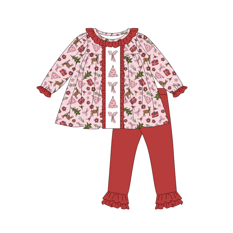 7.10Preorder (moq 5)Baby Girls Long Sleeves Pink Bows Trees Deer Tunic Ruffle Pant Clothes Set