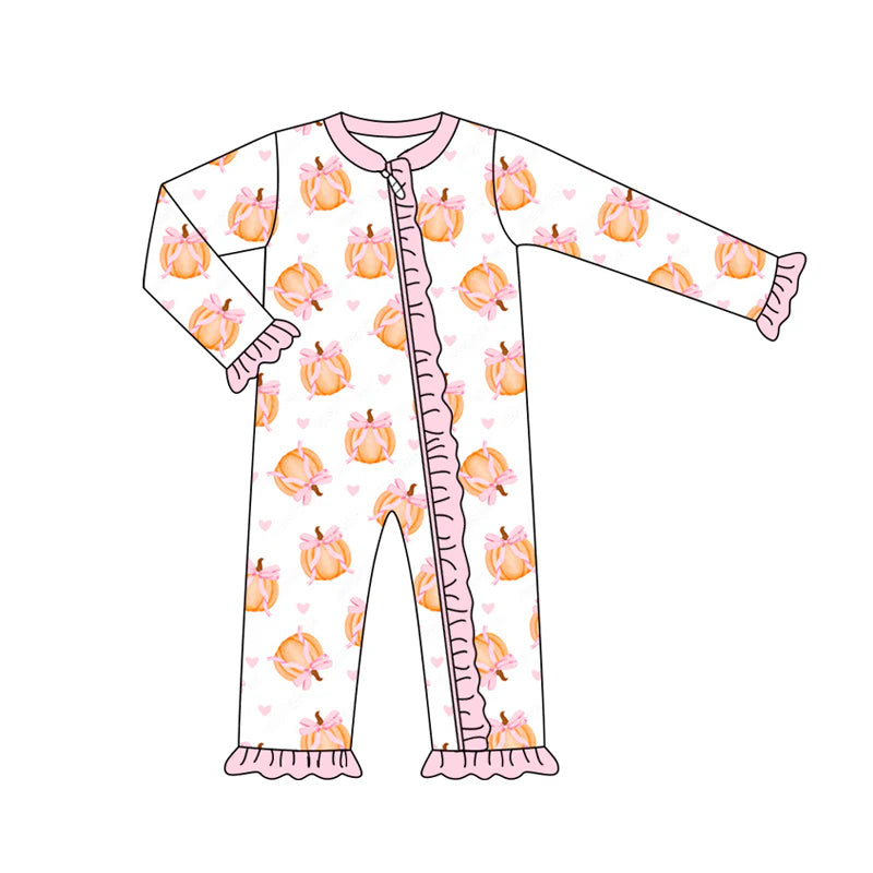 7.15Preorder (moq 5)Baby Girls Long Sleeves Pink Bows Pumpkins Plaid Ruffle Zipper Romper