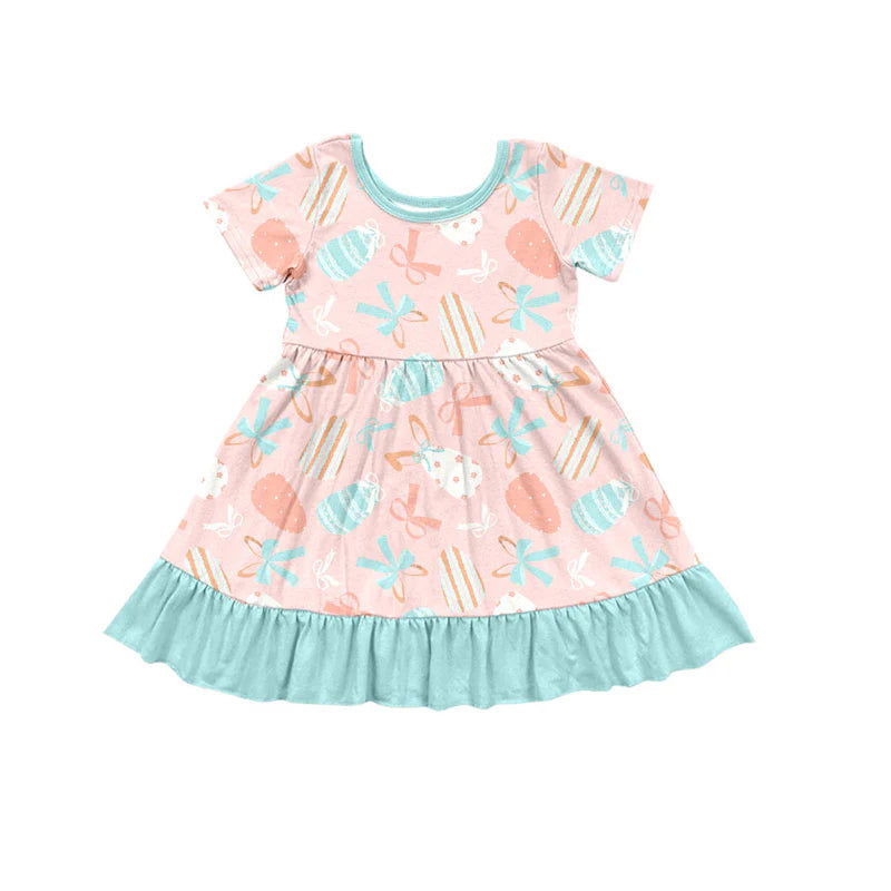 X919Preorder (moq 5)Baby Girls Short Sleeve Bows Eggs Easter Ruffle Knee Length Dresses