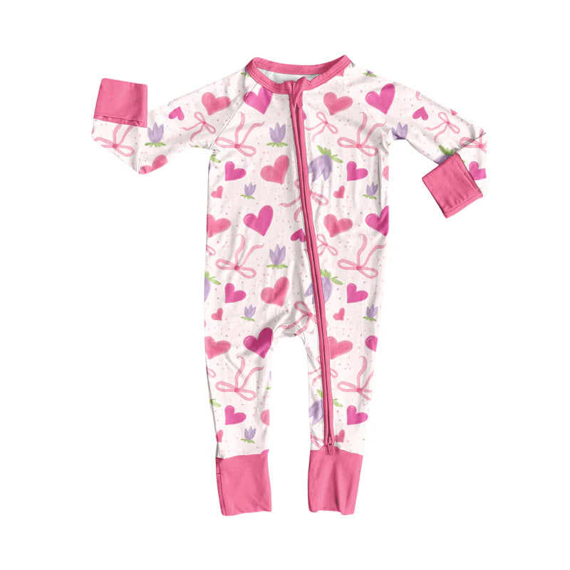 7.19Preorder(moq 5)Baby Kids Pink Bows Hearts Flowers Zipper Pant Rompers