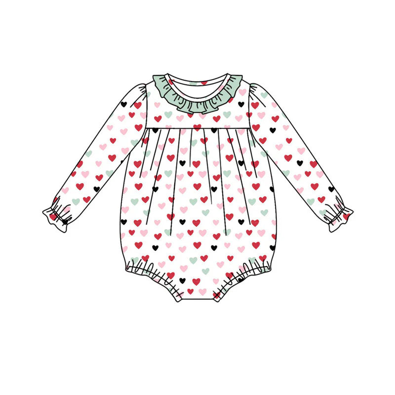 X922Preorder (moq 5)Baby Girls Long Ruffle Sleeve Colorful Hearts Valentine Rompers