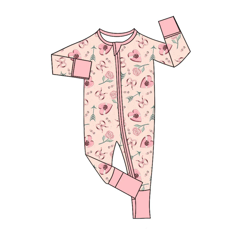 X1.16 Preorder (moq 5)Baby Girls Flower Hearts XOXO Valentines Two Way Zip Convertible Rompers