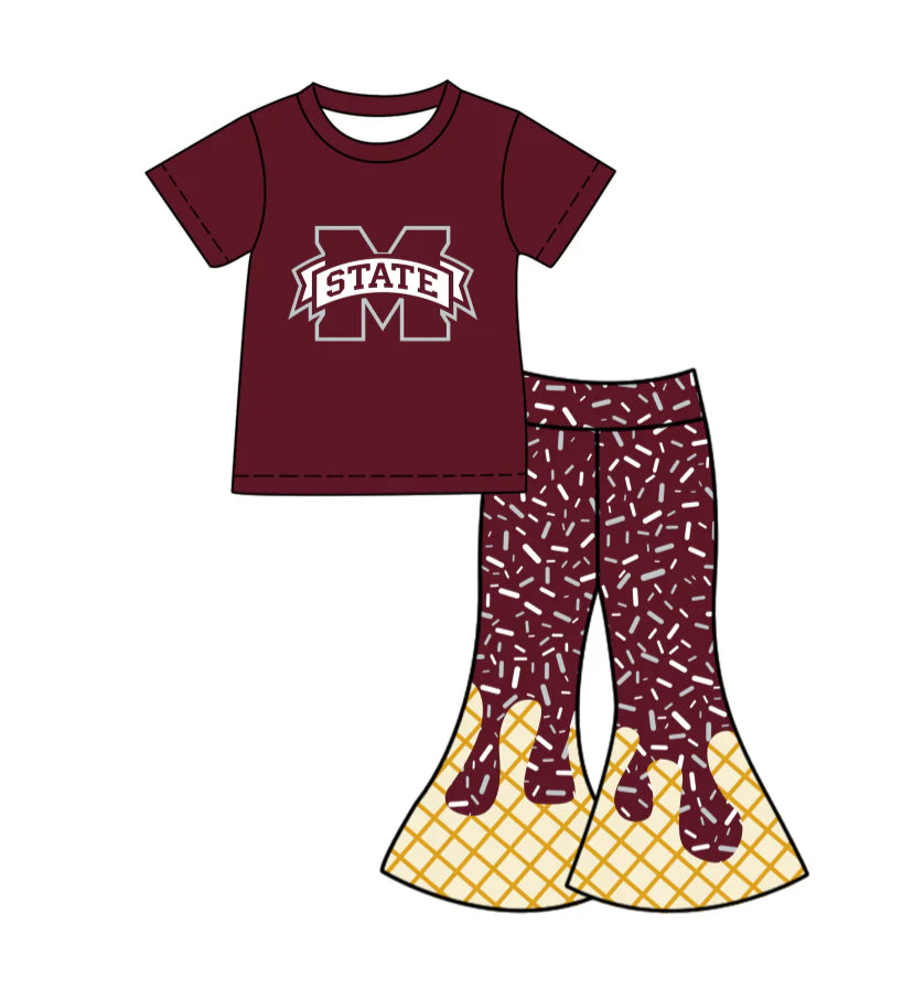 X12.1Preorder (moq 5)Baby Girls Dark Red M State Top Drip Sprinkles Bell Bottom Pants Team Clothes Sets