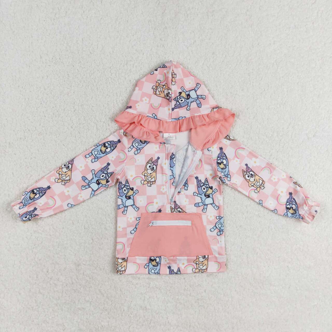 GT0633 Bluey rainbow flower plaid pink pocket lace zipper hooded long-sleeved top
