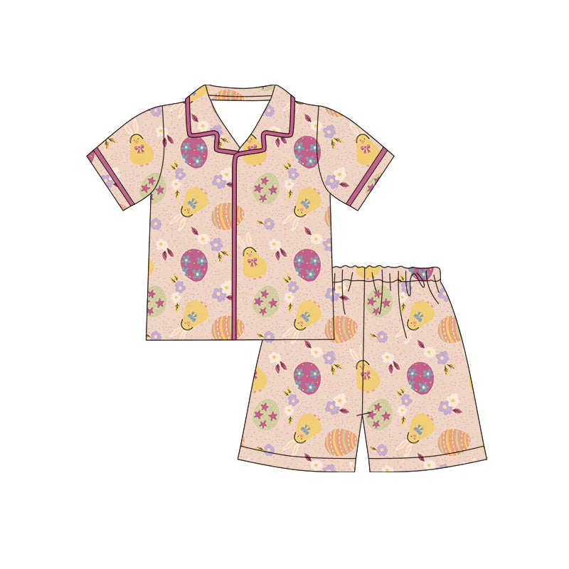 X12.17 Preorder (moq 5)Baby Girls Colorful Rabbits Flowers Button Top Shorts Easter Pajamas Sets