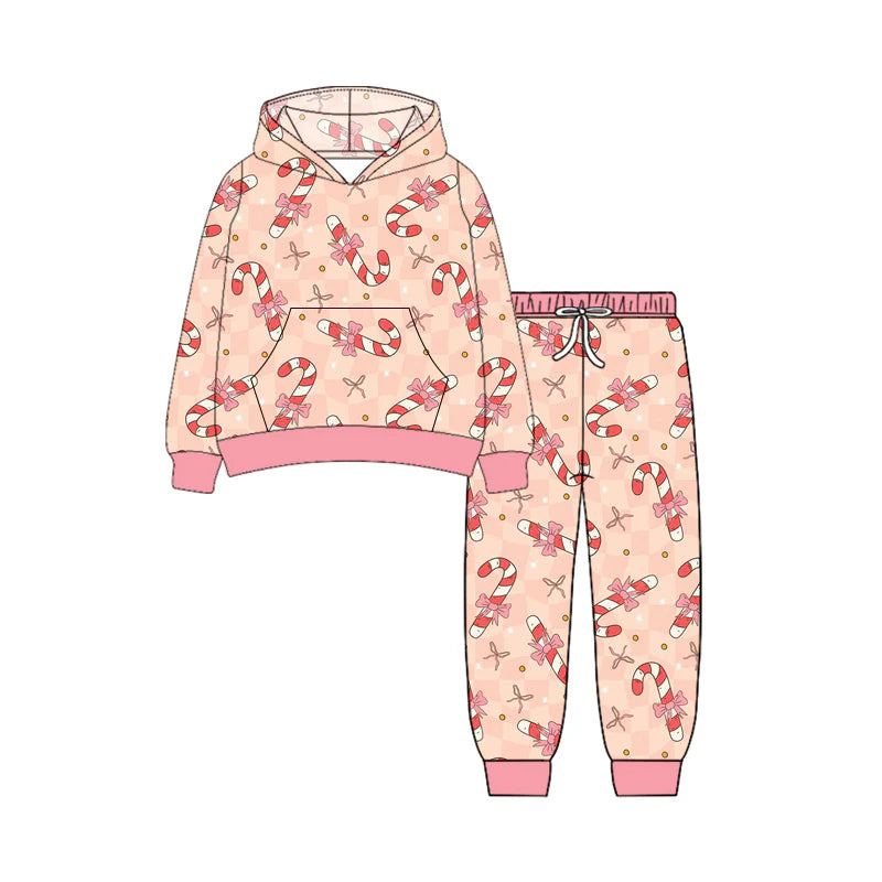 7.10Preorder (moq 5)Baby Girls Long Sleeves Pink Bows Candy Cane Pockets Hoodie Pant Clothes Set