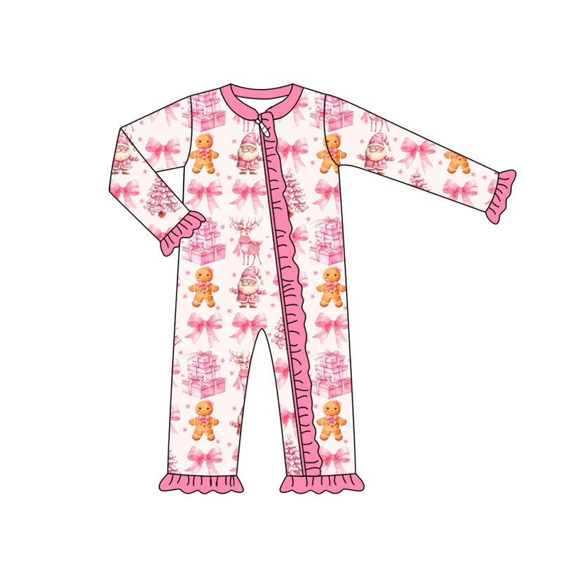 7.15Preorder (moq 5)Baby Girls Long Sleeves Pink Bows Santa Gingerbread Ruffle Zipper Pant Romper