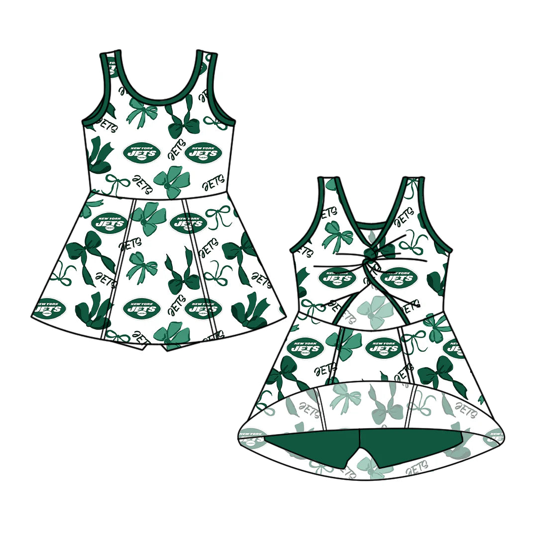 7.1Preorder (moq 5)Baby Girls Green Sleeveless Jets Bows Plaid Short Team Knee Length Dresses