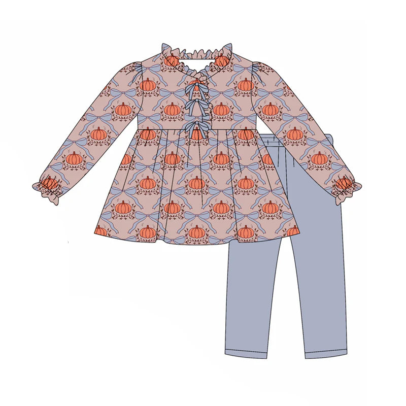7.31preorder(moq 5) Baby Girls Long Ruffle Sleeves Bows Pumpkins Plaid Tunic Legging Pants Set