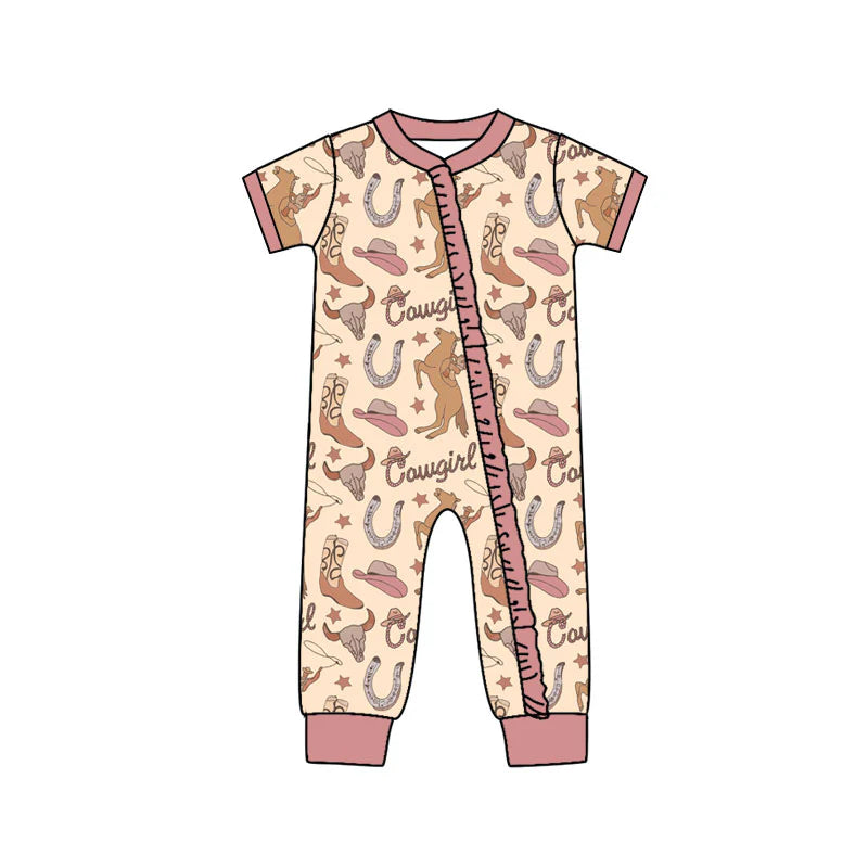 X11.12Preorder (moq 5)Baby Girls Horse Rodeos Boots Western Two Way Ruffle Zip Convertible Rompers