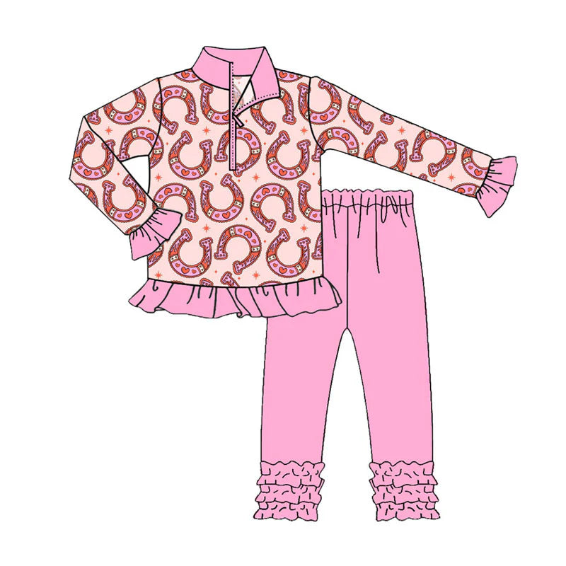 X922Preorder (moq 5)Baby Girls Pink Horses Shoes Hearts Zipper Pullovers Ruffle Legging Clothes Sets