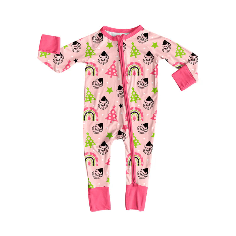8.8Preorder(moq 5)Baby Girls Pink Christmas Trees Green Face Zipper Footie Rompers