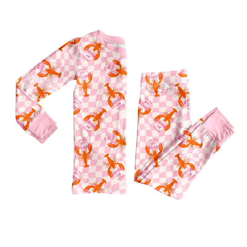 X919Preorder (moq 5)Baby Girls Pink Checked Crayfishes Top Pants Pajamas Sets
