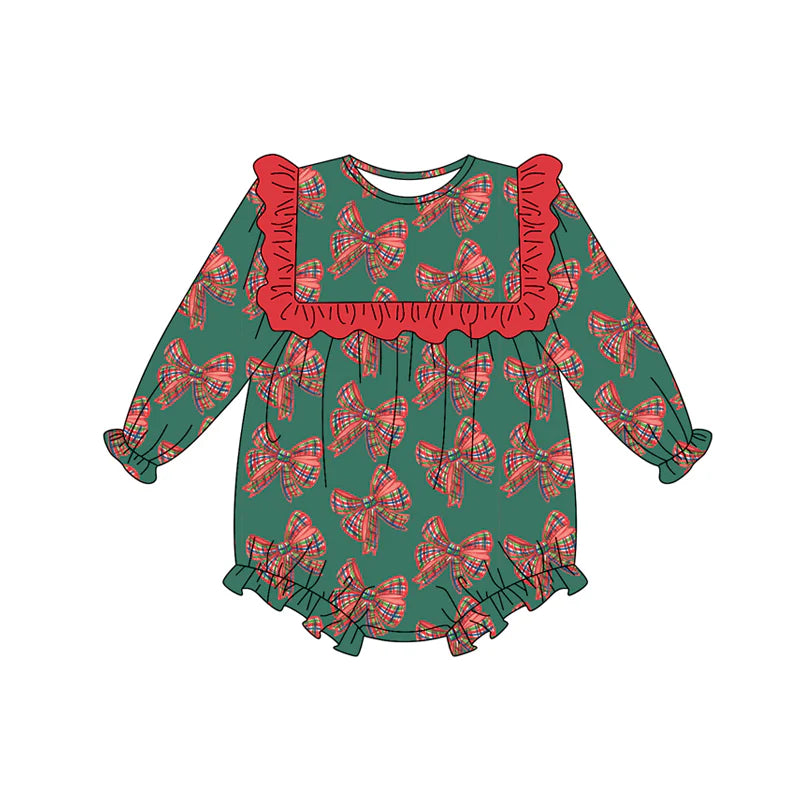7.15Preorder (moq 5)Baby Girls Long Sleeves Green Red Plaid Bows Plaid Ruffle Romper