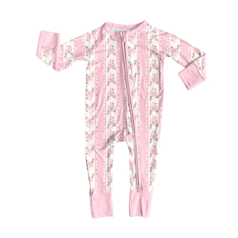 8.6Preorder(moq 5)Baby Infant Girls Long Sleeves Pink Flowers Stripe Zipper Rompers