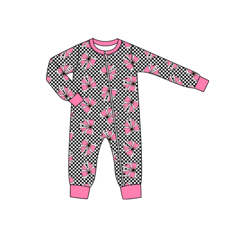 7.16Preorder (moq 5)Baby Girls Long Sleeves Black Plaid Pink Bows Zipper Romper