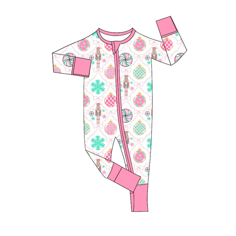 X101Preorder (moq 5)Baby Girls Pink Bows Soldiers Christmas Zipper Footie Rompers