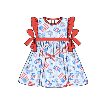 5.8 Girls Red Summer Button Flying Sleeve Bowknot Dress