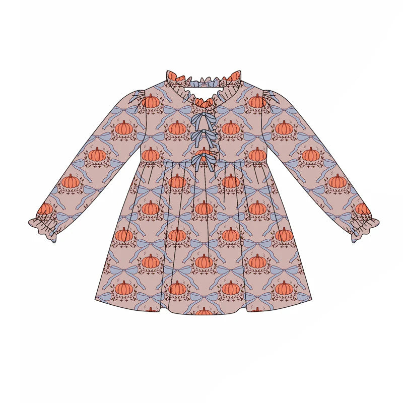7.31preorder(moq 5) Baby Girls Long Ruffle Sleeves Bows Pumpkins Plaid Knee Length Dresses