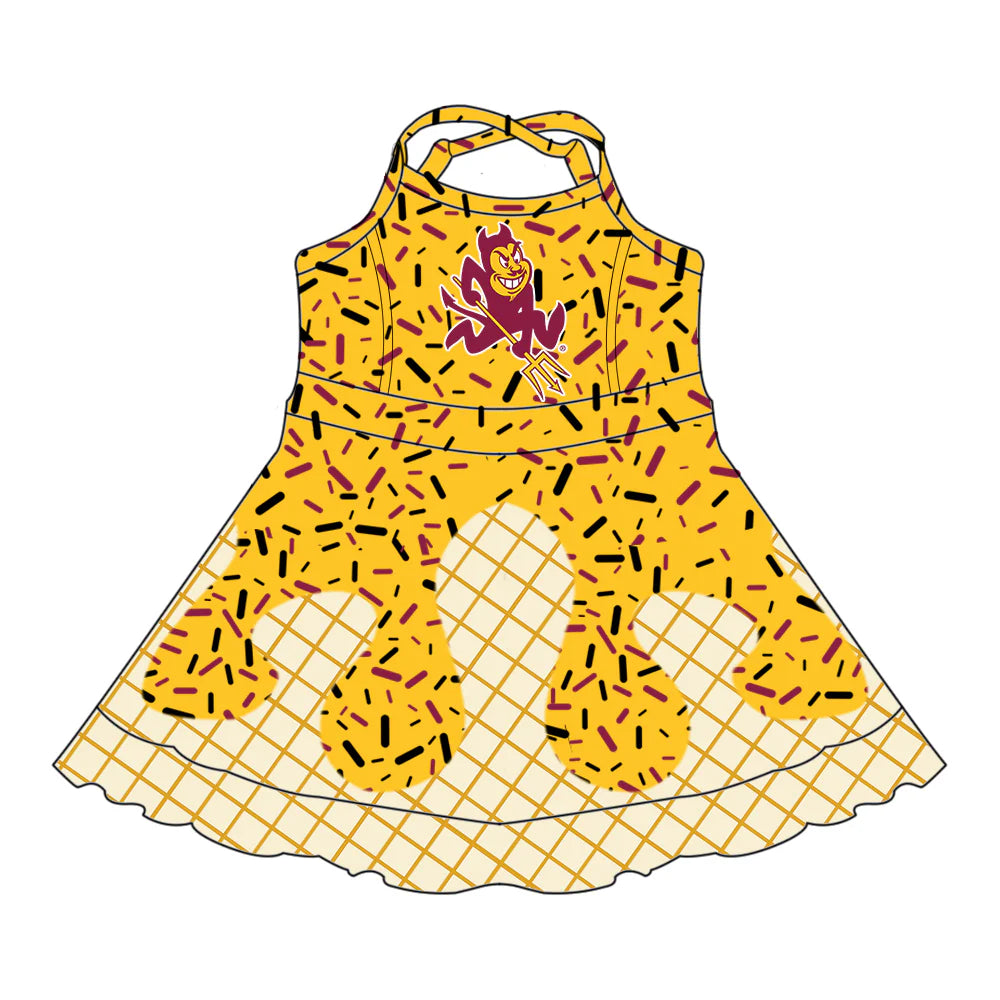 7.2Preorder (moq 5)Baby Girls Yellow Strap Trident Drip Shorts Ruffle Team Knee Length Dresses