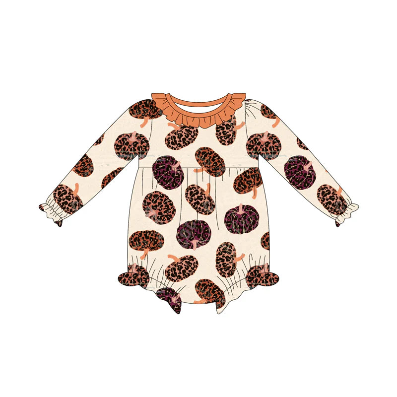 8.1Preorder(moq 5)Baby Girls Leopard Pumpkins Plaid Ruffle Rompers