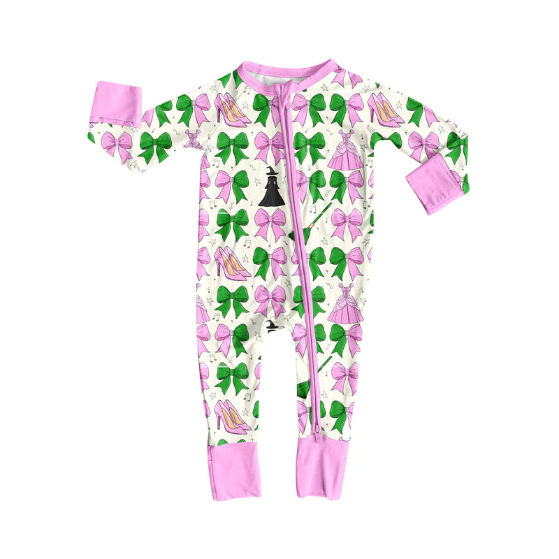 8.6Preorder(moq 5)Baby Infant Boys Long Sleeves Pink Green Bows Magic Zipper Rompers
