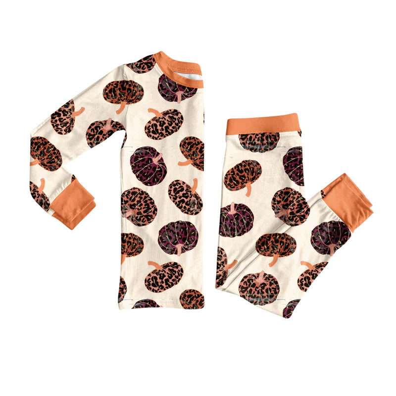 X917Preorder (moq 5)Baby Girls Long Sleeves Leopard Pumpkins Plaid Top Pants Pajamas Set