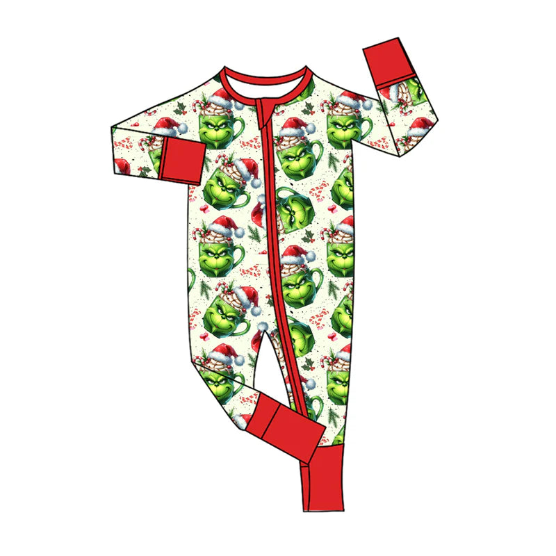 8.11Preorder(moq 5)Baby Infant Boys Green Face Candy Cane Christmas Zipper Rompers