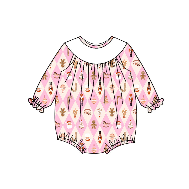 7.15Preorder (moq 5)Baby Girls Long Sleeves Pink Santa Soldiers Gingerbread Plaid Ruffle Romper