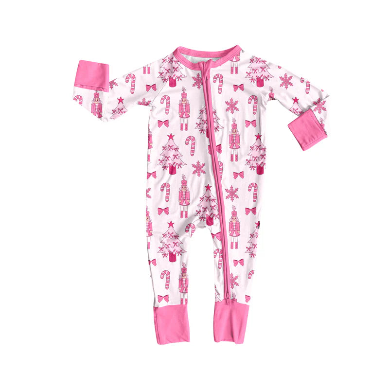 7.15Preorder (moq 5)Baby Girls Long Sleeves Pink Bows Candy Cane Soldiers Zipper Romper