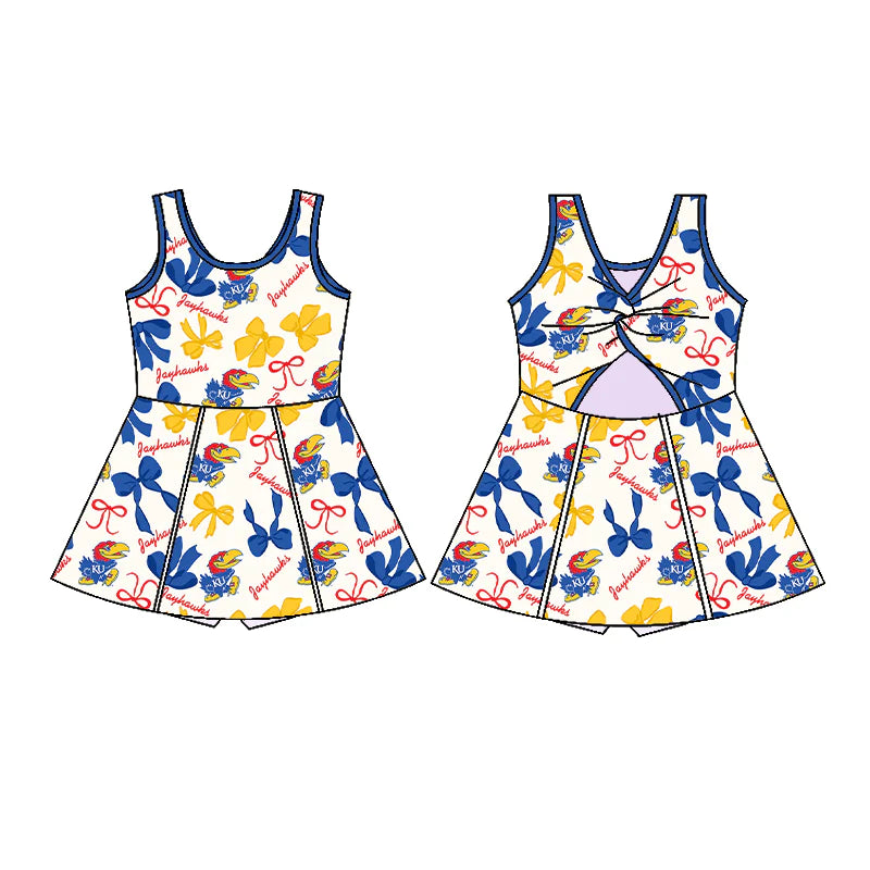6.28Preorder (moq 5)Baby Girls Blue Sleeveless Bows Plaid KU Short Team Knee Length Dress