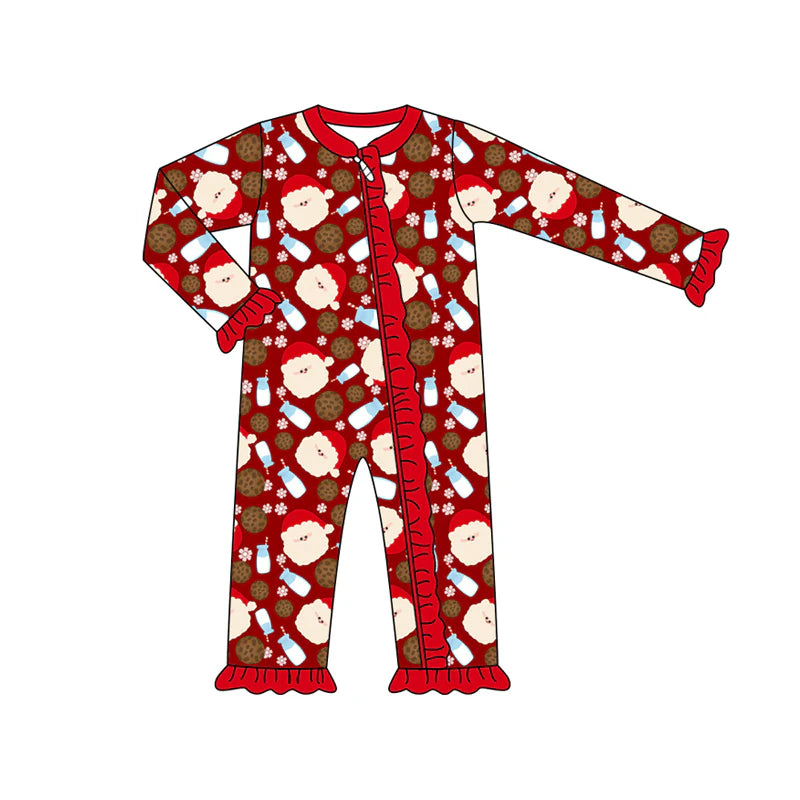 7.15Preorder (moq 5)Baby Girls Long Sleeves Red Santa Milk Plaid Ruffle Zipper Romper