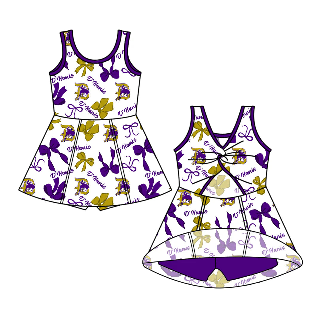7.3Preorder (moq 5)Baby Girls Purple Sleeveless Horse Rodeos Bows Plaid Shorts Team Knee Length Dresses