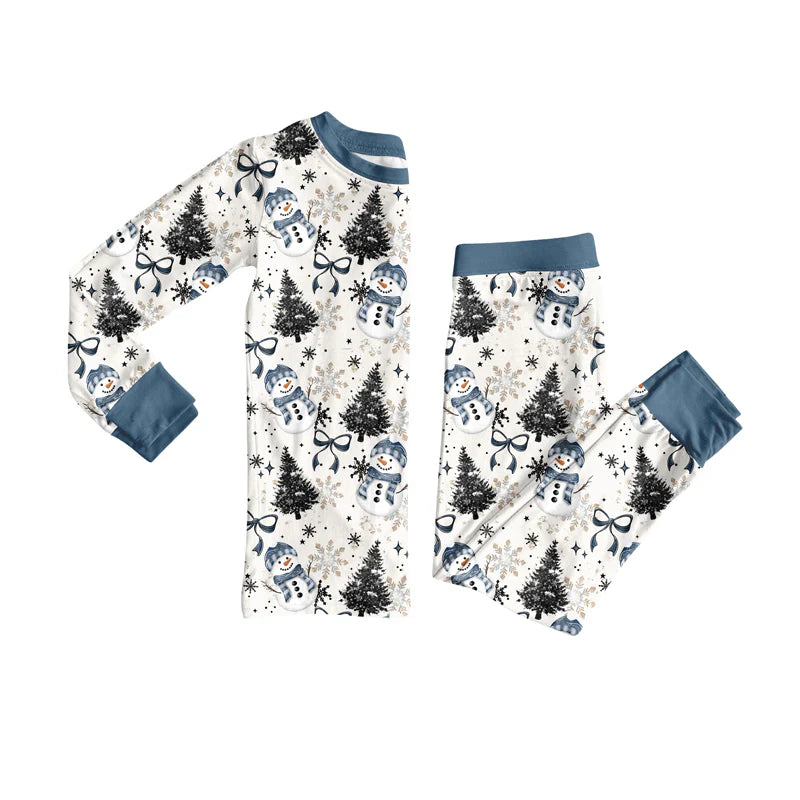 7.21Preorder (moq 5)Baby Girls Long Sleeves Blue Bows Snowman Plaid Top Pants Pajamas Set