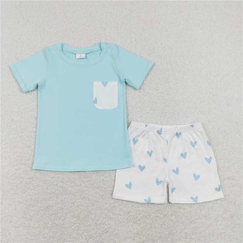 BSSO0413 Love Pocket Blue and White Short Sleeve Shorts Set