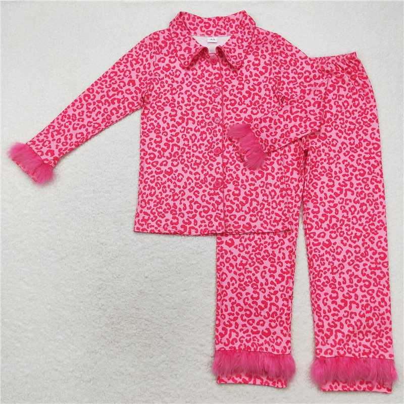 4.9 GLP1261 Adult female plush edge leopard print pink long sleeve long pants pajamas set