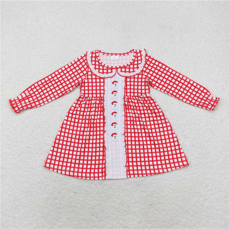 GLD0612 Embroidered Santa Claus red plaid doll collar long-sleeved dress