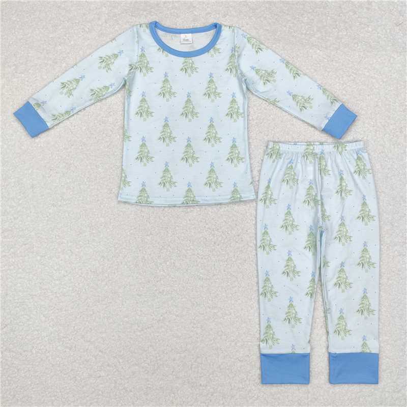 BLP0639 Modal Christmas tree star blue long-sleeved trousers pajamas set