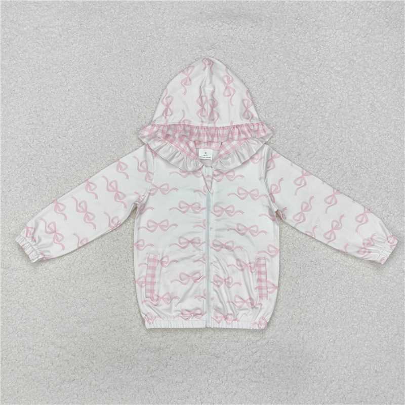 GT0873 Pink and white plaid zip-up hooded long-sleeved top with bow pattern