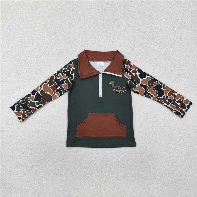 X1.1 BT0927 Camouflage Beige Duck Brown Pocket Zipper Long-Sleeve Top