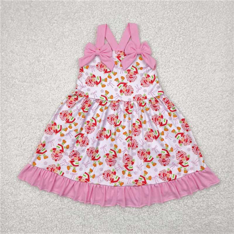 4.24 GSD2213 Cartoon Strawberry Princess Girl Flower Pink Bow Pattern Sleeveless Dress